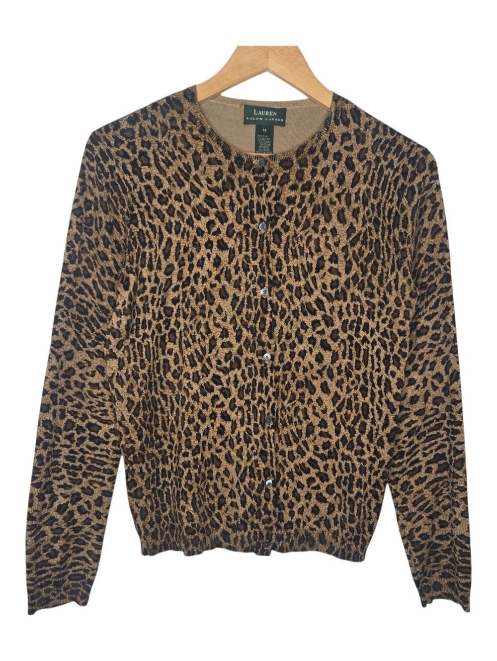 Lauren Ralph Lauren Womens Y2K Brown Leopard Print Silk Blend Cardigan Medium